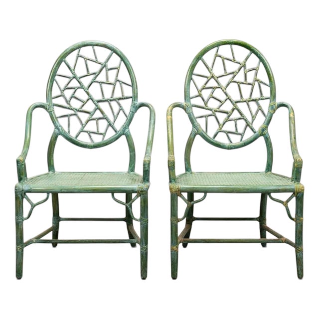 McGuire “Cracked Ice” Rattan Armchairs – Rawhide-Lashed, Custom Finish, Pair For Sale
