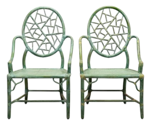 McGuire “Cracked Ice” Rattan Armchairs – Rawhide-Lashed, Custom Finish, Pair