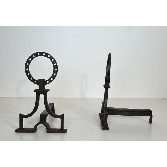 1950s Pair of modernist wrought iron andirons in the style of Gilbert Poillerat For Sale - Image 5 of 12