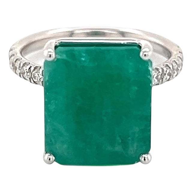 Natural Emerald Diamond Ring Size 6.5 14k White Gold 8.27 TCW Certified For Sale