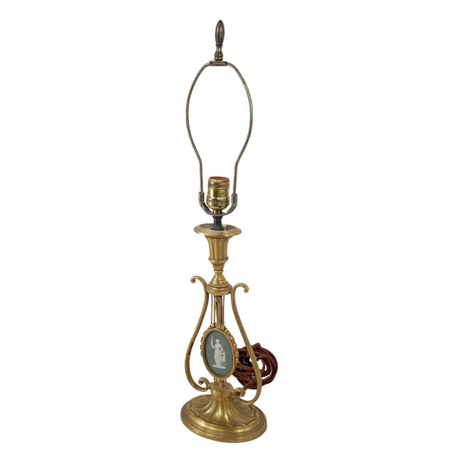 Neoclassical Mid 20th Century Neoclassical Gilt Bronze Lyre & Green Jasperware Table Lamp Wedgewood For Sale - Image 3 of 7