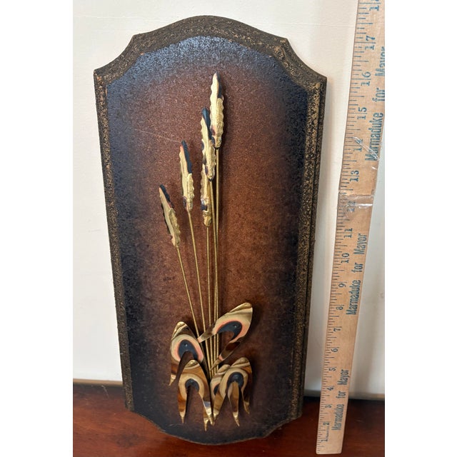 Mid 20th Century Vintage Brutalist Brass Cattail Wall Sculpture on Shield Plaque, 1970s Hollywood Regency For Sale - Image 5 of 8