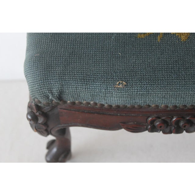 Vintage French Country Louis XV Style Carved Wood Needlepoint Footstool Ottoman Nailhead Detail For Sale - Image 11 of 12
