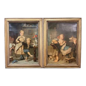 Pair of 19th Century French Signed Chromo Lithographs in Gilt Frames