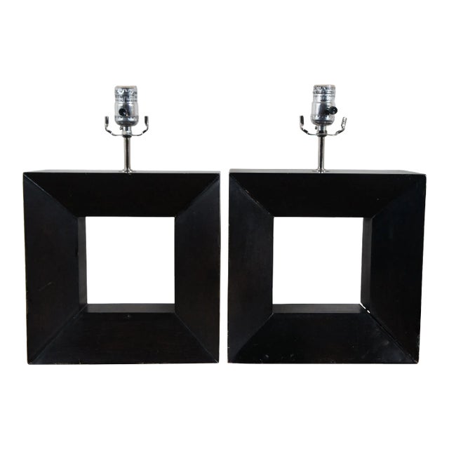 Mid-Century Modern Pierced Square Geometric Cubed Wood Table Lamps - Set of 2 For Sale