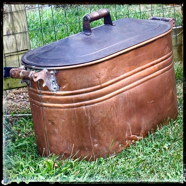 19th C. Copper Boiler Wash Tub American Primitive With Lid For Sale - Image 4 of 12