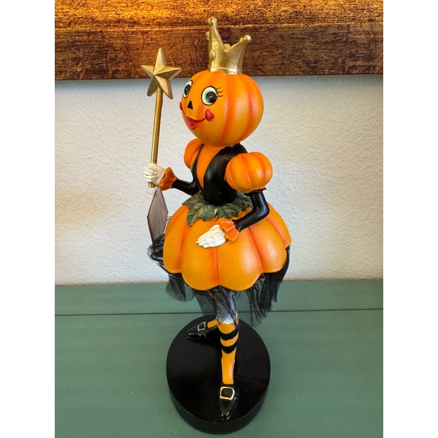 Figurative Whimsical Halloween Girl, Pumpkin Head Sculpture, With a Crown and Wand With Star Cheerful For Sale - Image 3 of 8