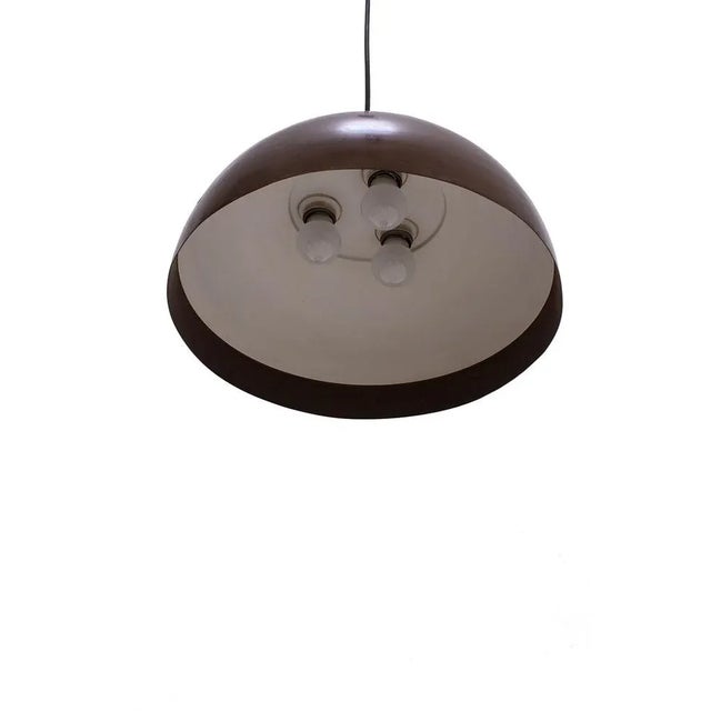 Midcentury modern copper pendant with 3 sockets inside, amazing patina. Rewired with fabric wire. Measurements H. 44 cm; Ø...