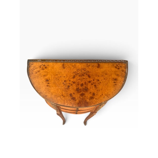 French Mid-20th Century Vintage French Louis XV Style Burl Wood Demilune Side Table With Brass Gallery For Sale - Image 3 of 14