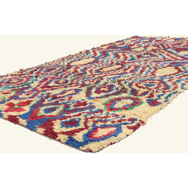 22001 Vintage Azilal Boucherouite Moroccan Rug, 04'07 x 08'02. The Ancestral Vigil: A Vintage Moroccan Azilal Masterpiece...