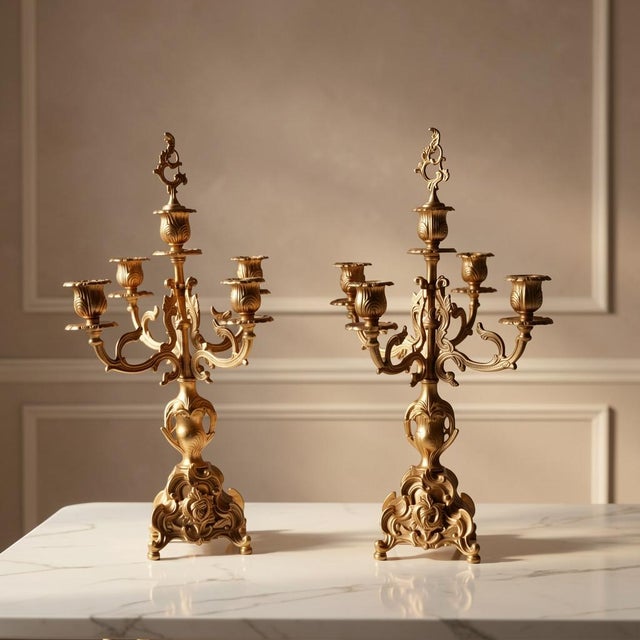 Mid-Century Italian Rococo Gilt Brass 5-Arm Candelabras - A Pair For Sale - Image 4 of 14