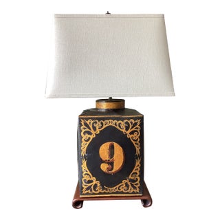 Vintage Tea Tin Folk Art “No. 9” Tole-Style Black & Gilt Table Lamp For Sale