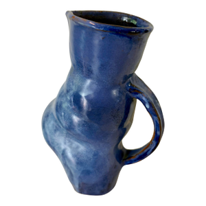 1980s Blue Studio Pottery Biomorphic Pitcher Vase
