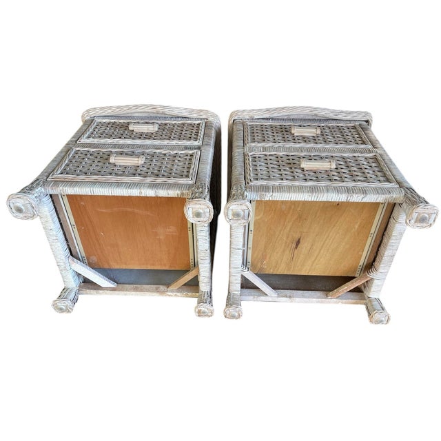 Late 20th Century Pair of Woven Rattan Nightstands Wicker, Wood For Sale - Image 4 of 11