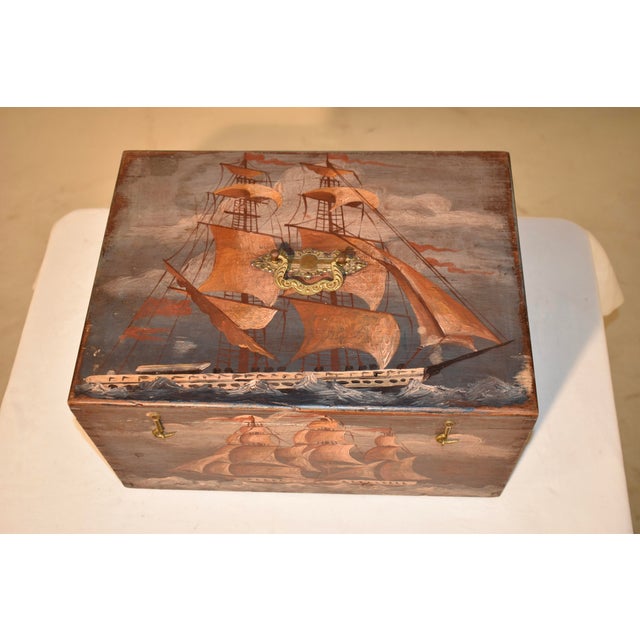 Slate Gray !9th Century Pine Box With Hand-Painted Decoration For Sale - Image 8 of 12