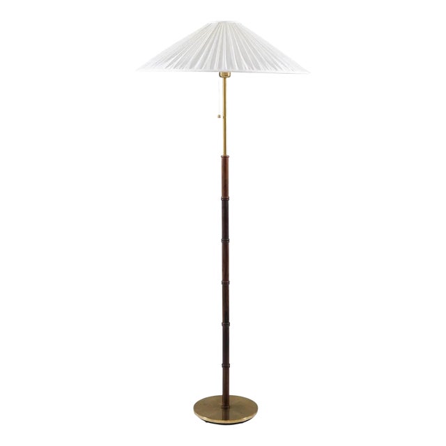 Mid-Century Floor Lamp in Brass and Wood from Falkenbergs Belysning, Sweden, 1960s For Sale