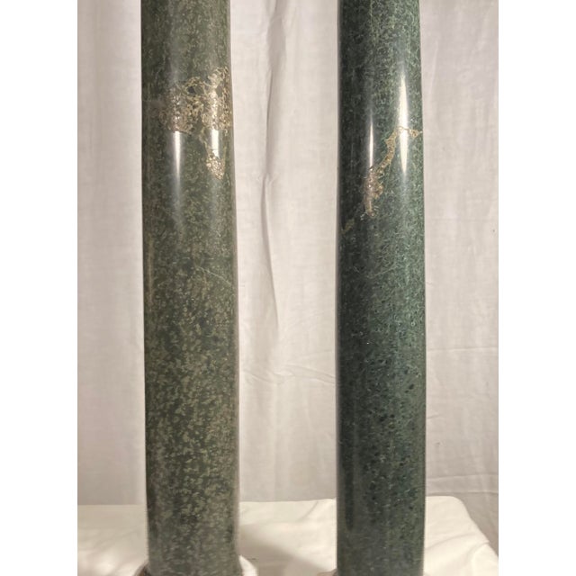 Stone Antique Pair Classical Doric Style Marble Columns Verdis With White Marble Bases & Capitals For Sale - Image 7 of 12