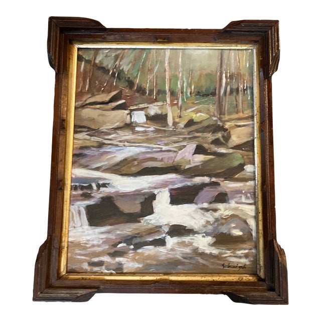 Contemporary Original Stephen Heigh “The Creek” Landscape Painting Antique Wood Frame For Sale