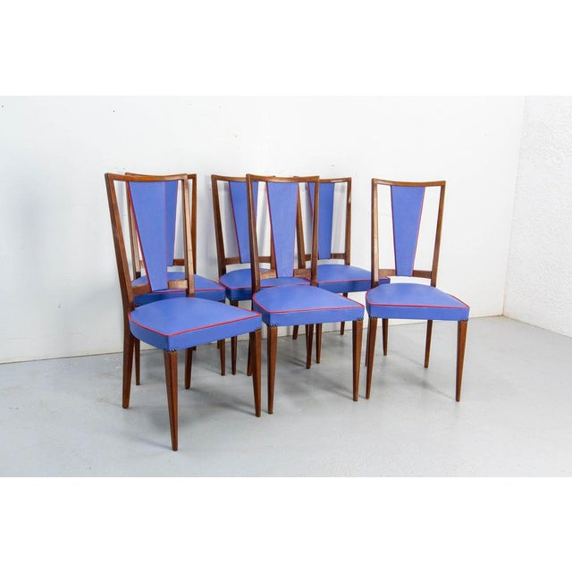 Mid-Century Modern Mid-Century French Blue Red Border Dining Chairs in Teak and Skai, 1960, Set of 6 For Sale - Image 3 of 14