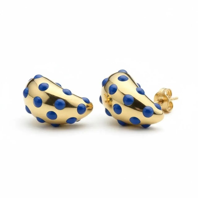 18k Yellow Gold Blue Polka Dot Enamel Teardrop Earrings 0.92 Inch Long, A Pair For Sale - Image 4 of 11