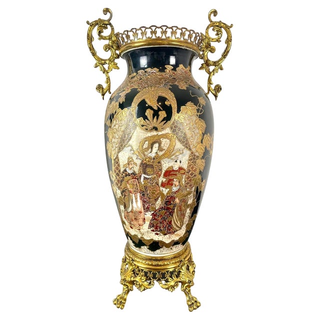 19th Century Japan Satsuma Porcelain Vase and Golden Metal, 1870s For Sale