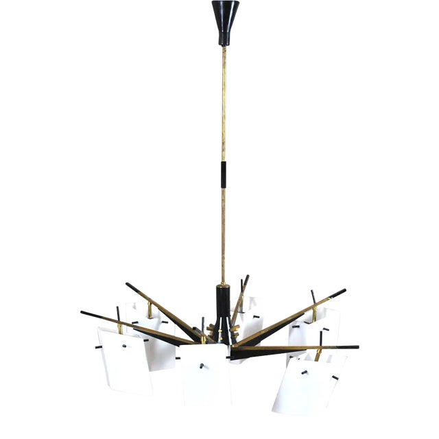 Brass, Wood, and Opaline Glass Pendant Lamp by Stilux, 1960s For Sale