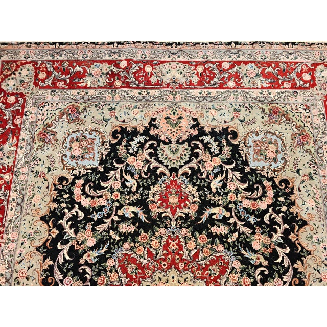 Vintage Persian Tabriz Rug, Hand-Knotted Wool & Silk, Floral Garden Pattern, Black & Red, 8x10 For Sale - Image 13 of 18