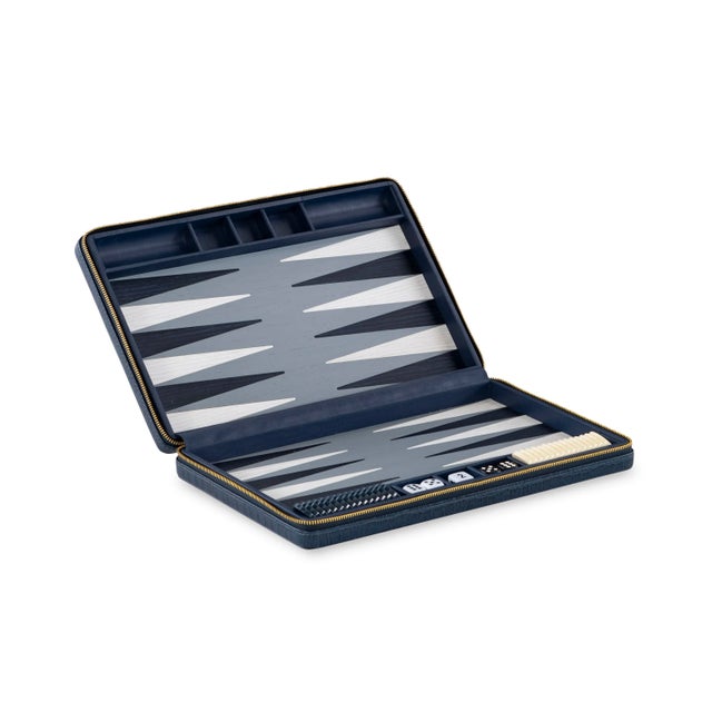 Traditional Maitland-Smith Travel Backgammon Board Blue For Sale - Image 3 of 3