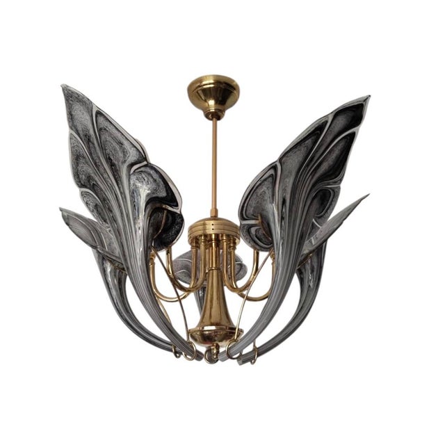 Vintage Black Murano Glass Vintage Chandelier, Lily Floral 1980s 5-Light Flush Mount For Sale - Image 10 of 13