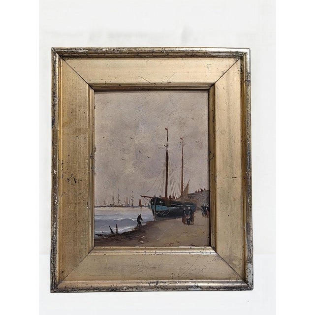 Boats in the Harbor. Oil Paintings on a Panel, Framed, Set of 2 For Sale - Image 5 of 10