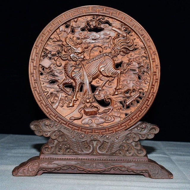1980s Antique Miniature Round Wooden Screen, Pierced Carving of Mythical Beast For Sale - Image 5 of 8