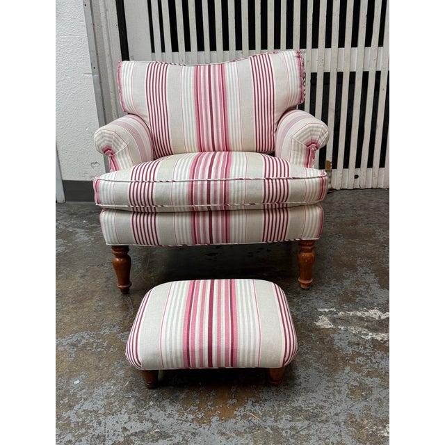 Design Plus Gallery presents a Traditional Striped Upholstered Armchair + Matching Ottoman. The armchair is upholstered in...