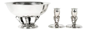 Sterling Silver Footed Center Piece Bowl / Two Candlesticks - Set of 3