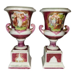 Antique Austrian Porcelain Mantel Urn Vases Pair 1890 Angelica Kauffmann 189 For Sale
