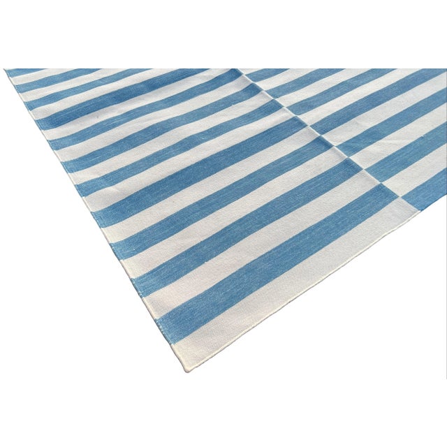 Not Yet Made - Made To Order Handmade Cotton Rug, Sky Blue and White Natural Vegetable Dyed Up Down Striped Dhurrie- 12'x15' For Sale - Image 5 of 11