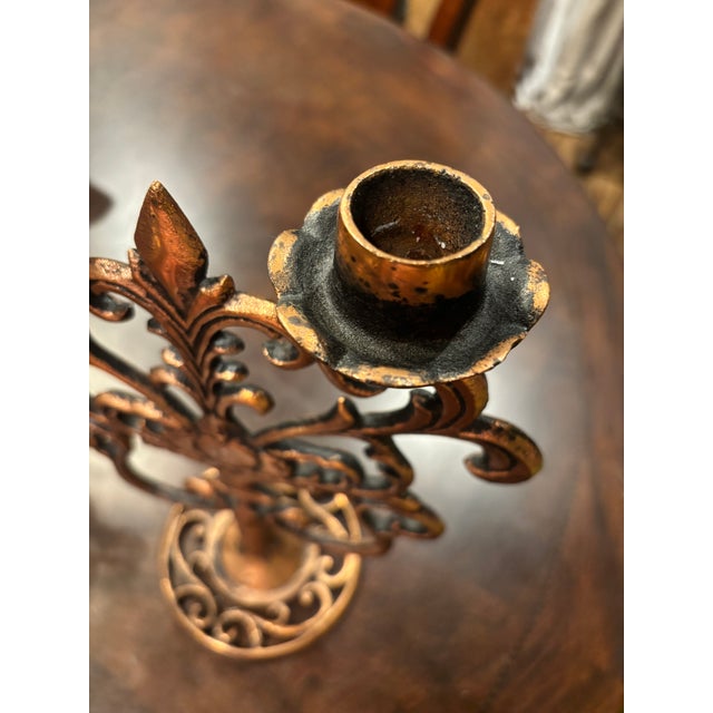 1960s Pair of C. 1960's Copper and Cast Metal Candlesticks With Antiqued Copper Finish, European Revival Style For Sale - Image 5 of 9