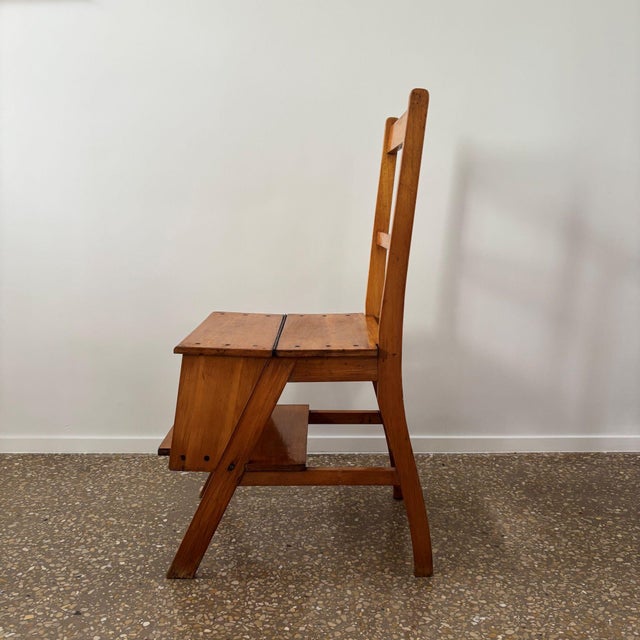 1930s Oak Wooden Library Ladder and Chair, Netherlands, 1930s For Sale - Image 5 of 10