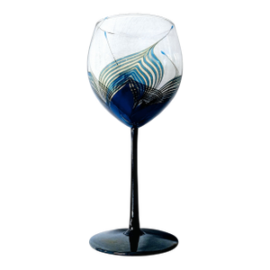 Randy Strong Signed Cobalt Blue Feather Floral Wine Goblet 1980