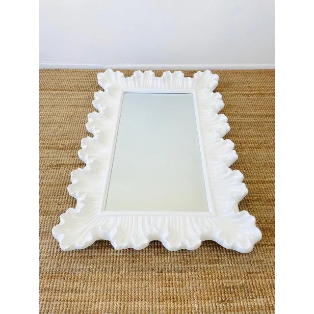 Postmodern Vintage 1980s White Ruffled Carved Look Molded Fiberglass Wall Mirror Serge Roche Style For Sale - Image 3 of 7