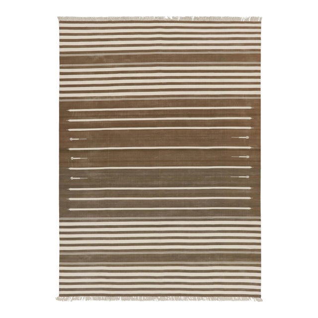 Rug & Kilim’s Contemporary Dhurrie Rug in Brown and White Stripes For Sale