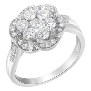 14K White Gold Floral Cluster Diamond Ring (1.0 Cttw, H-I Color, SI2-I1 Clarity) - Size 8 For Sale
