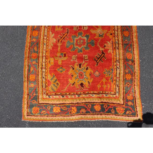 Red and Light Blue Wide Antique Turkish Oushak Gallery Runner For Sale - Image 11 of 18
