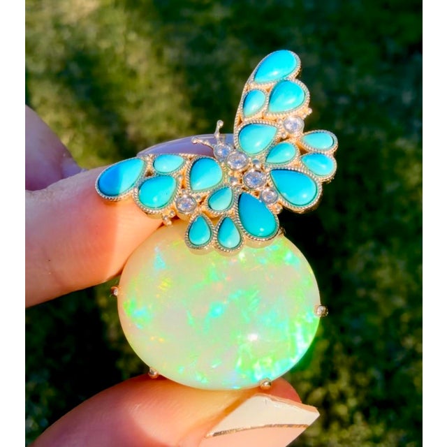 14K Yellow Gold 1 Piece 18 x 21 mm Natural Opal｜Fire｜Oval｜Eye Clean Opal CTW: 17.40 Natural Turquoise｜Pear｜Eye Clean...