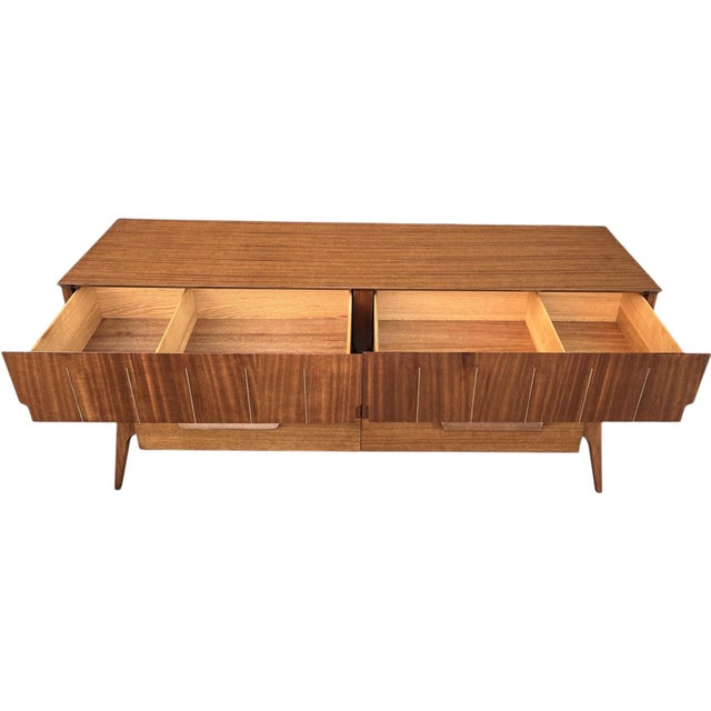 Mid-Century Modern Walnut Dresser With Sculpted Integrated Pulls and Splayed Legs” For Sale - Image 12 of 15