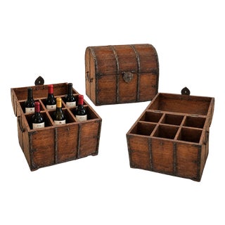 Antique Military Campaign Brass Bound Wooden Wine Bottle Chest For Sale