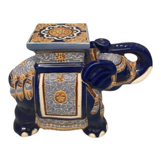 Vintage Cobalt Blue & Gold Ceramic Elephant Garden Stool / Drinks Table For Sale