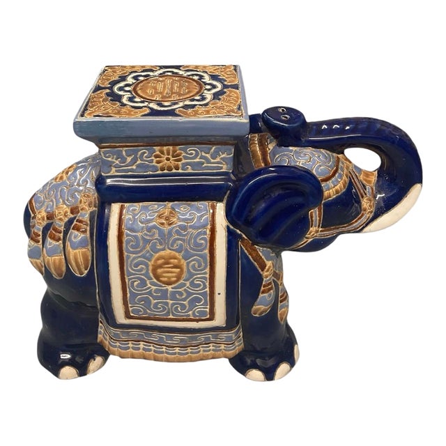 Vintage Cobalt Blue & Gold Ceramic Elephant Garden Stool / Drinks Table For Sale
