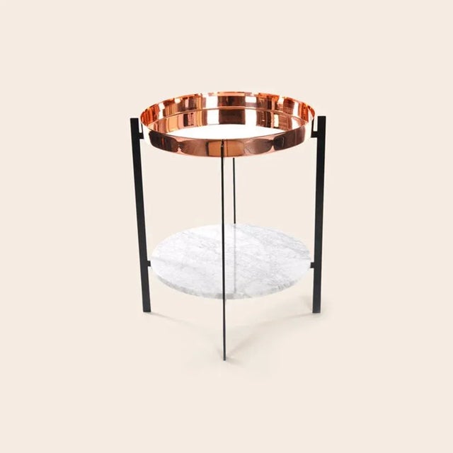 Copper and White Carrara Marble Deck Table by OxDenmarq Dimensions: D 57 x W 57 x H 67 cm Materials: Steel, White Carrara...