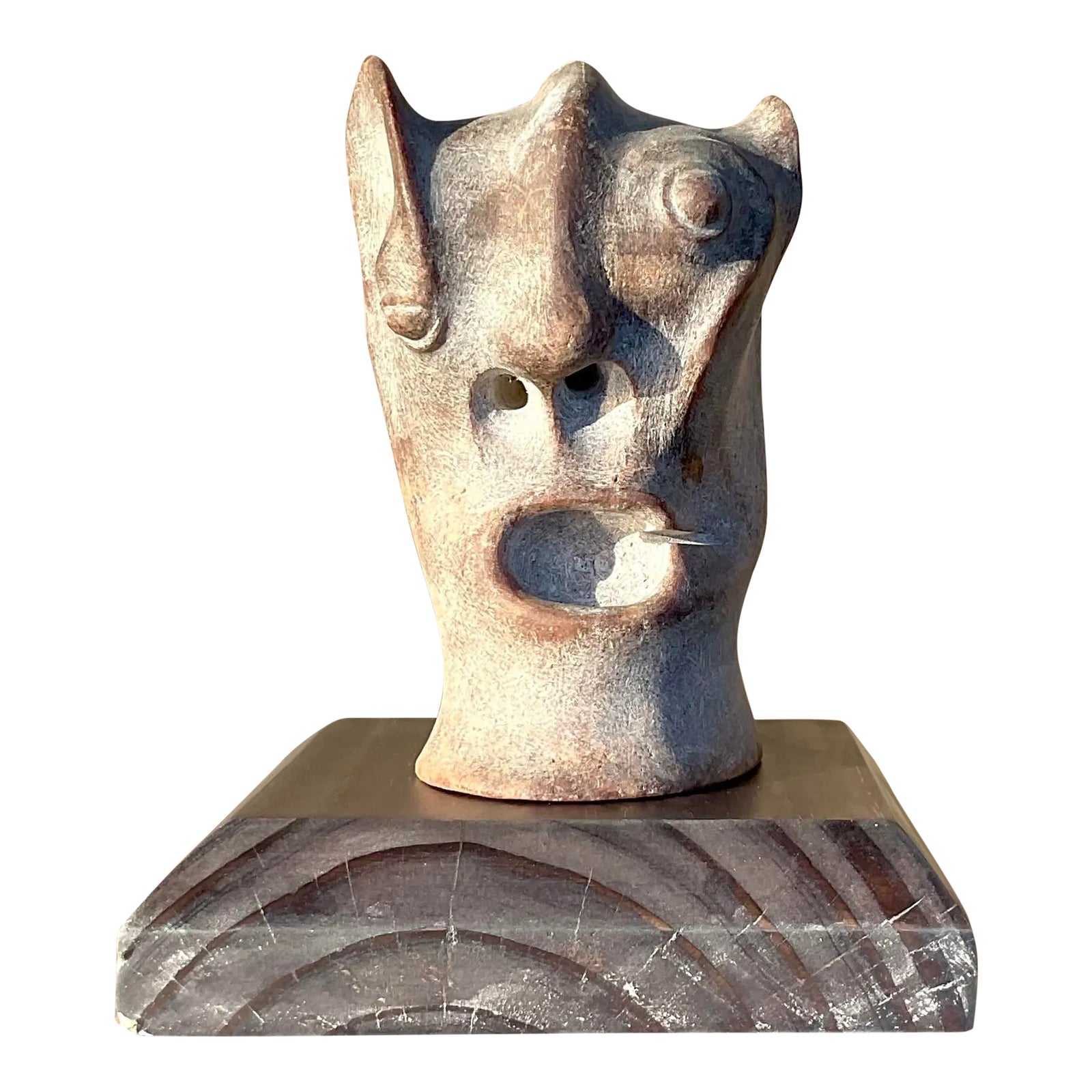 Vintage Boho Abstract Carved Stone Head Sculpture | Chairish