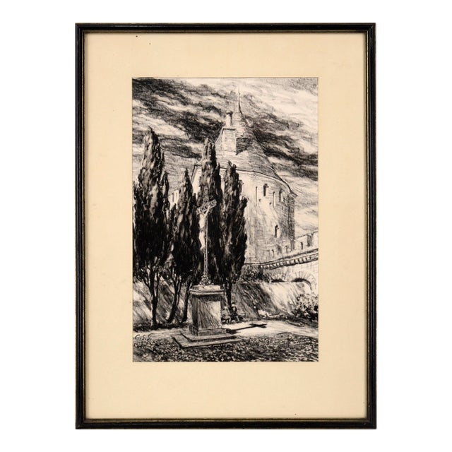 Carcassonne Citadel, France - Pastel Drawing by Charles Sumner Schneider For Sale